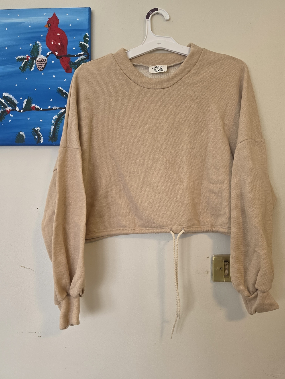 Made With Love Cropped Drawstring Sweatshirt in Tan